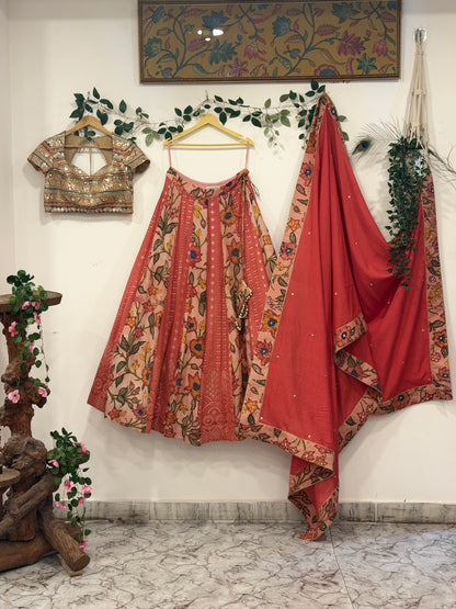 Pen Kalamkari Peach Chikankari Lehenga