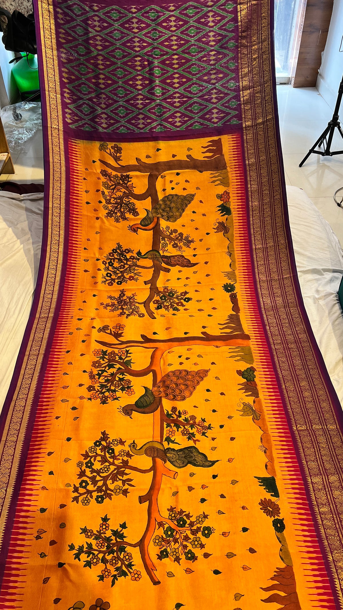 Pen Kalamkari ikkath Pattu Kanchi border Saree