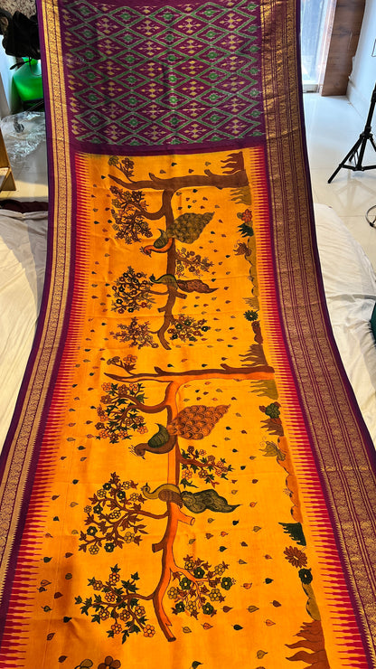 Pen Kalamkari ikkath Pattu Kanchi border Saree