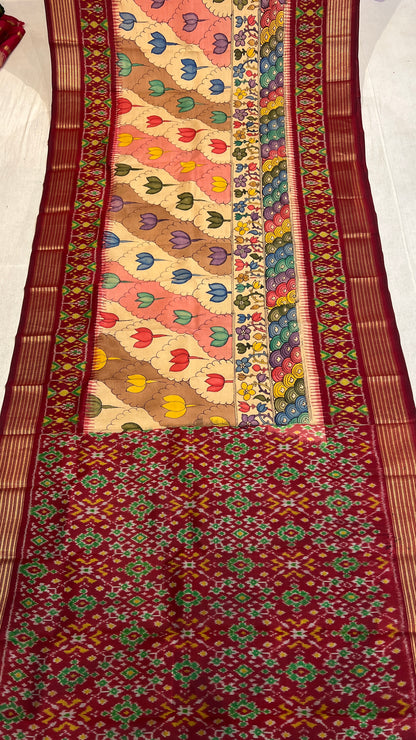 Pen Kalamkari Ikkath Pattu Patola Saree