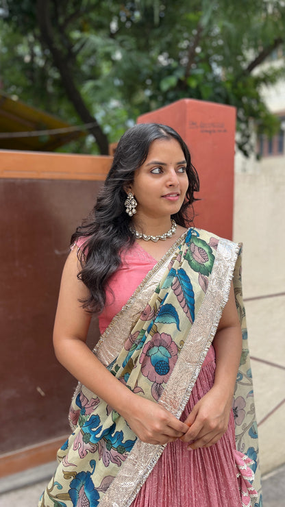 Floral Kalamkari Elegance – Designer Crepe Lehenga Set