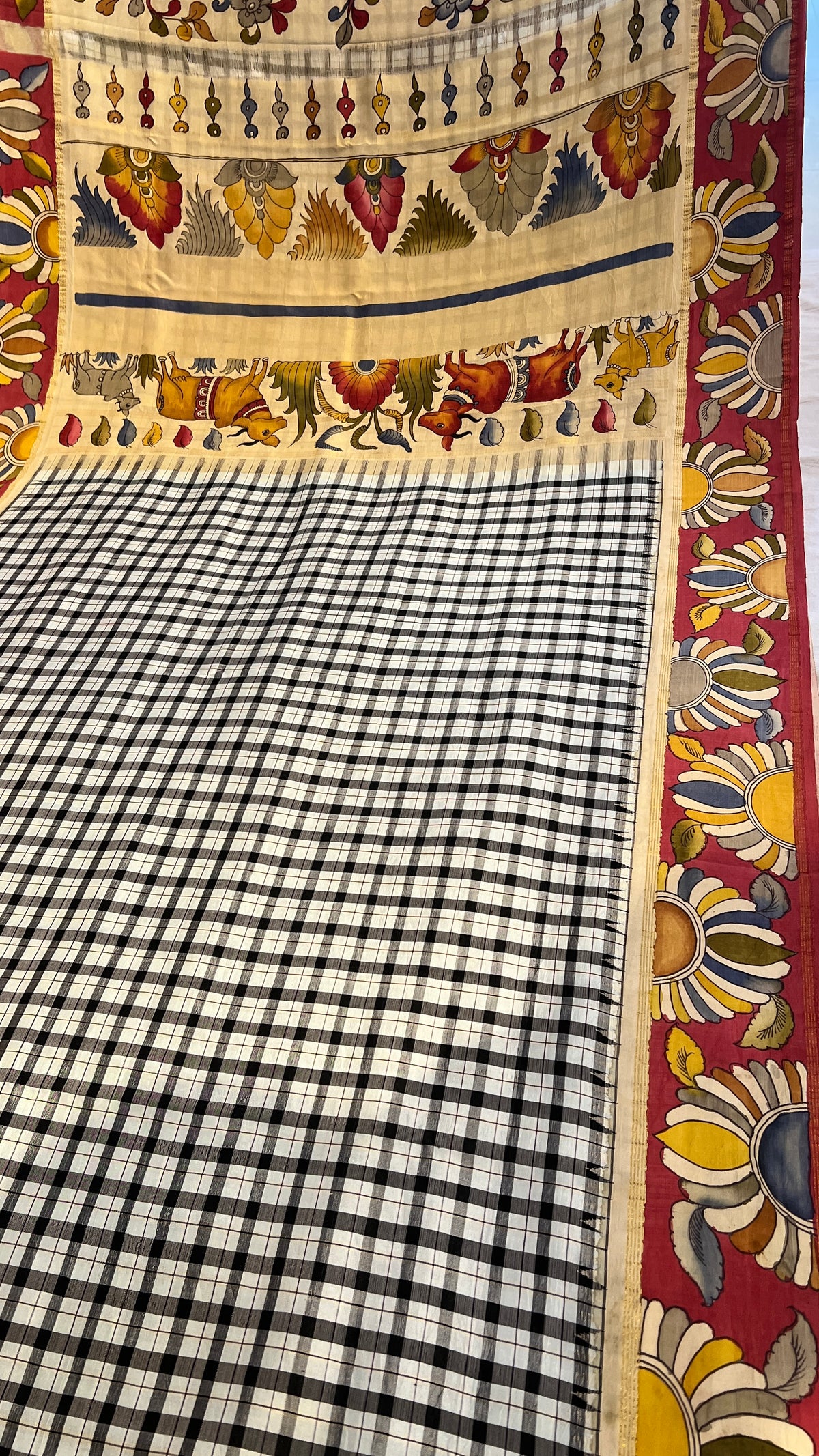 Pen Kalamkari Kattam checks Kanchipattu saree