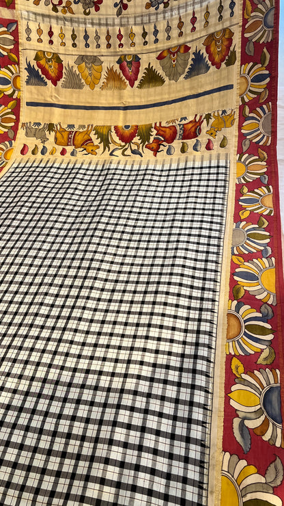 Pen Kalamkari Kattam checks Kanchipattu saree