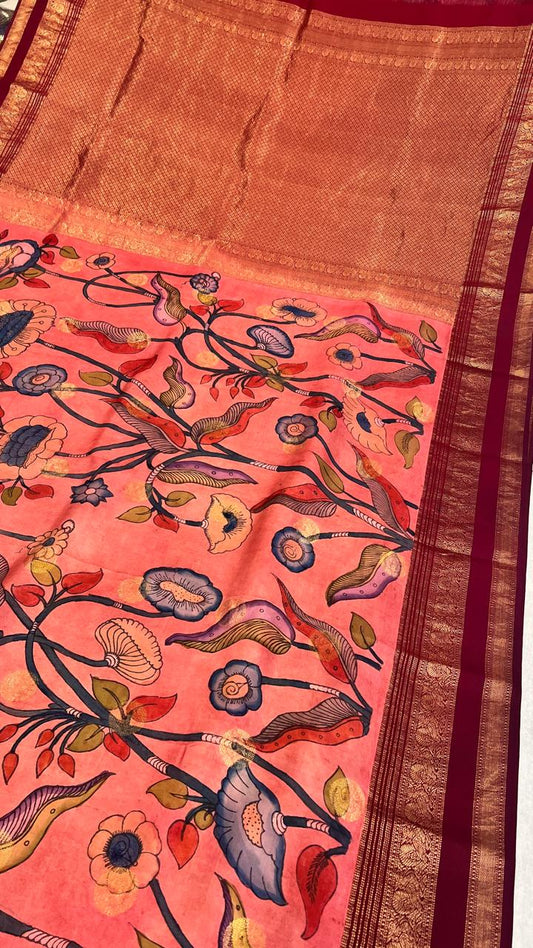 Pen Kalamkari Kanchipattu saree