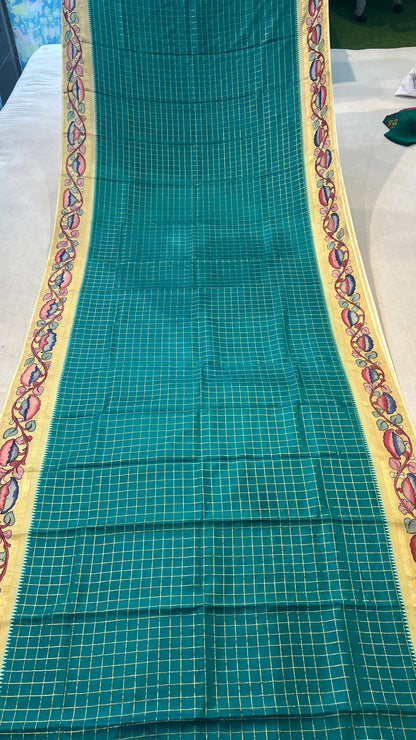 Kanchipattu Checks Saree with Pen Kalamkari Border