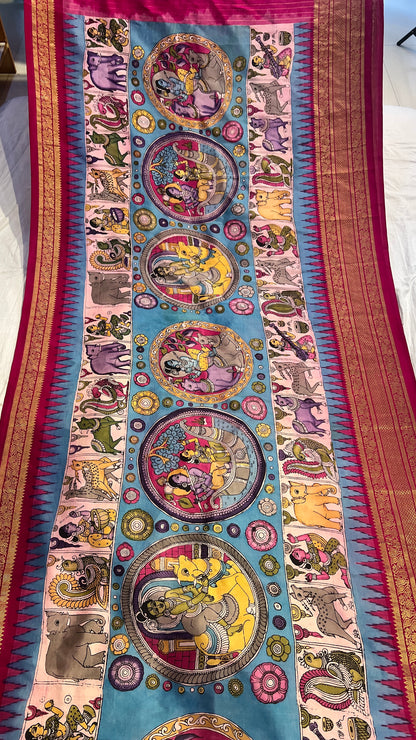 Pen Kalamkari Ikkath Pattu Kanchi Border Saree