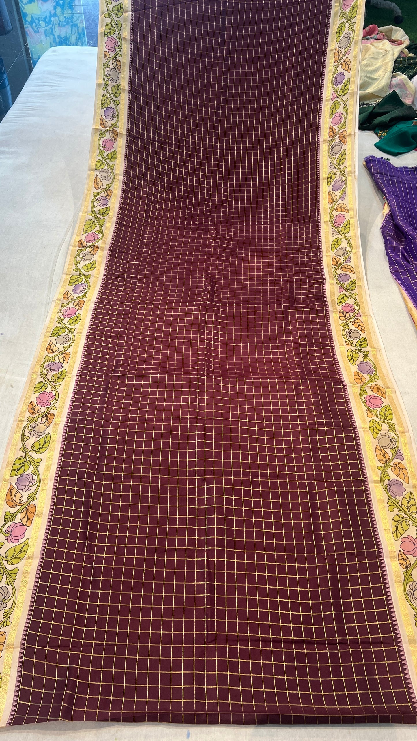 Kanchipattu Checks Saree with Pen Kalamkari Border