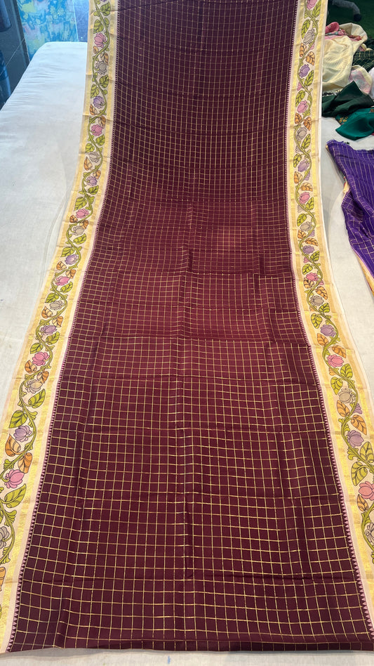 Kanchipattu Checks Saree with Pen Kalamkari Border