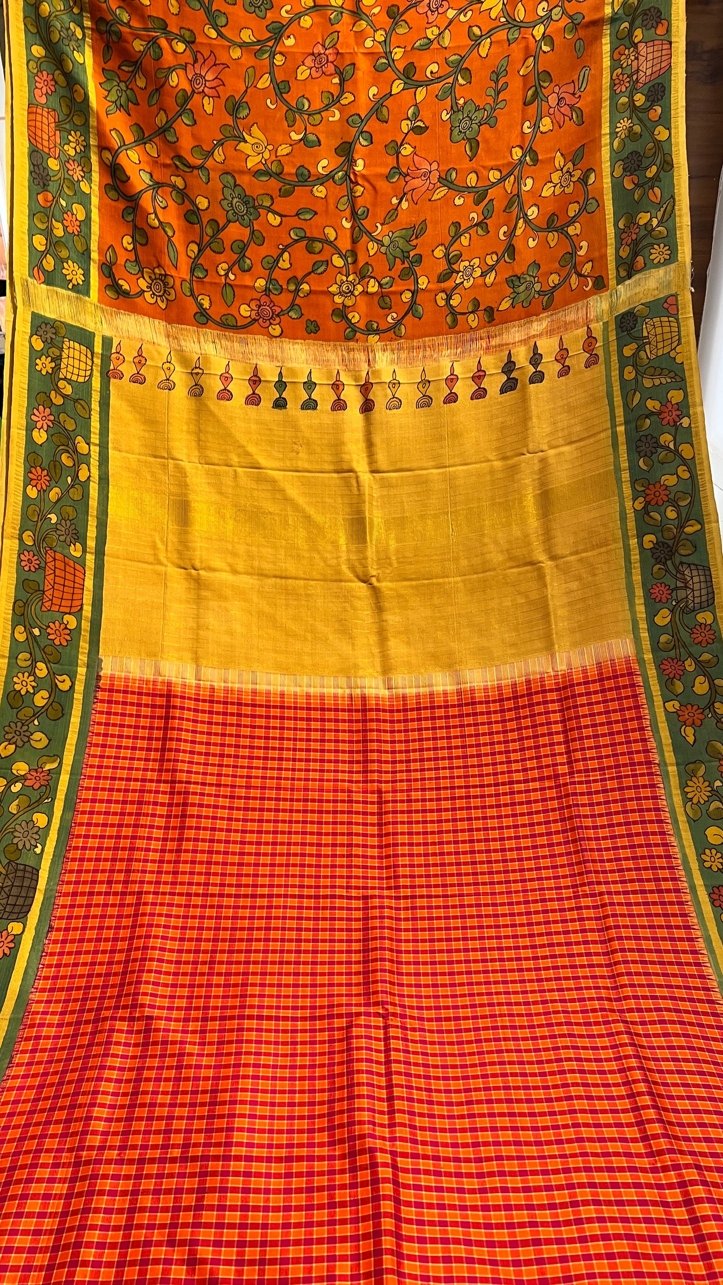 Pen Kalamkari on Pure Kanchi Pattu