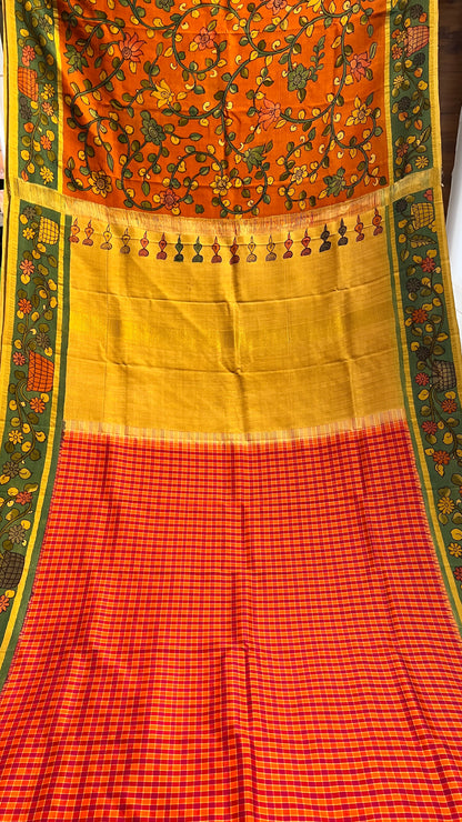 Pen Kalamkari on Pure Kanchi Pattu
