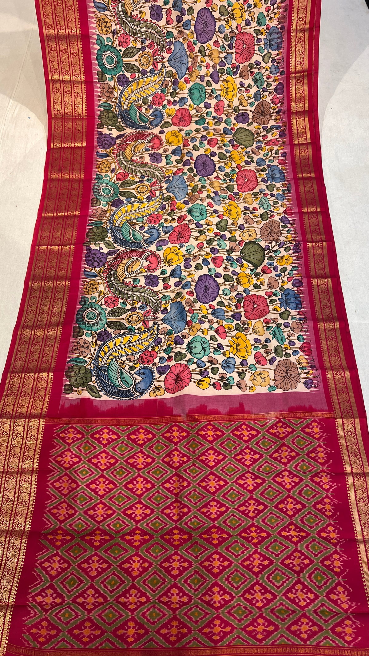 Pen Kalamkari Ikkath Pattu Kanchi Border Saree
