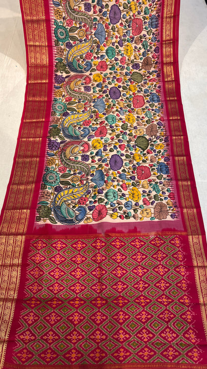 Pen Kalamkari Ikkath Pattu Kanchi Border Saree