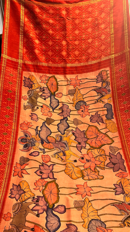 Pen Kalamkari Ikkath Pattu Saree