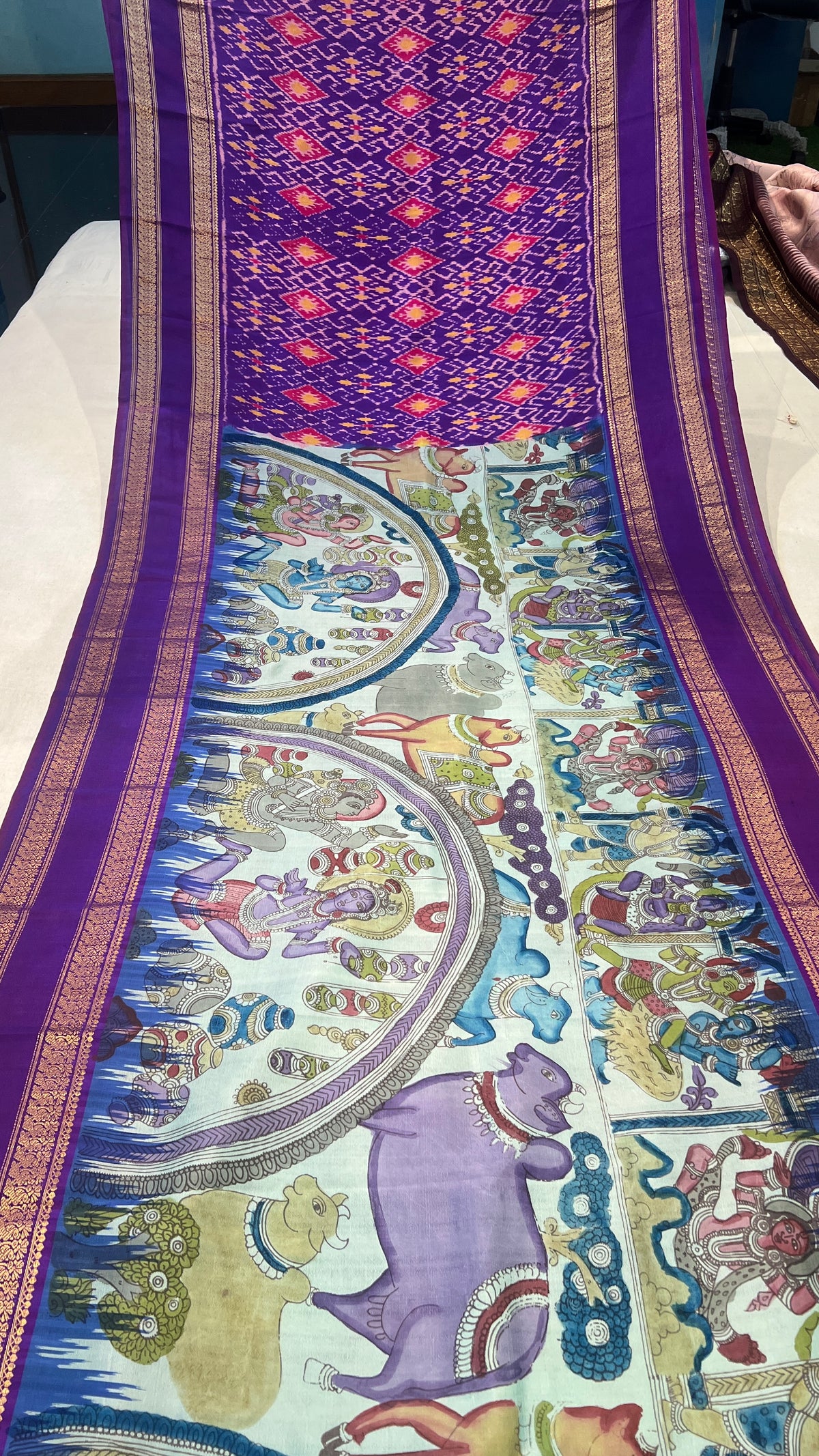 Pen Kalamkari ikkath Pattu Kanchi gap border Saree