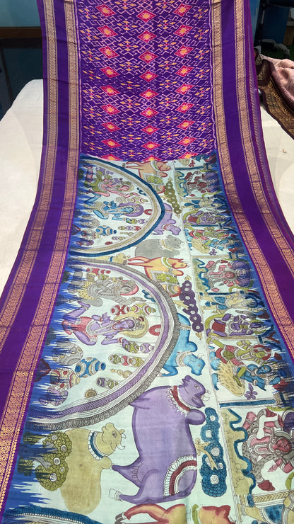 Pen Kalamkari ikkath Pattu Kanchi gap border Saree