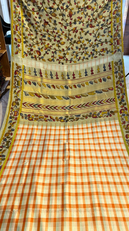 Pen Kalamkari Kattam checks Kanchipattu saree