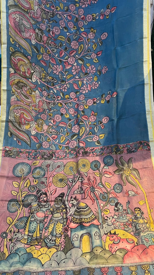 Pen Kalamkari Mangalagiri Silk Saree