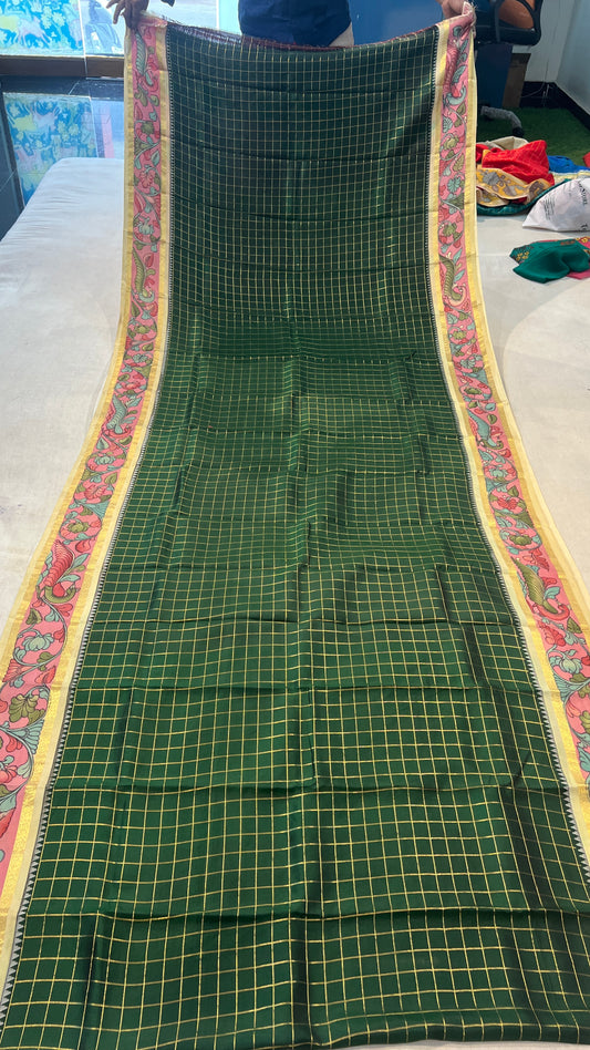 Kanchipattu Checks Saree with Pen Kalamkari Border