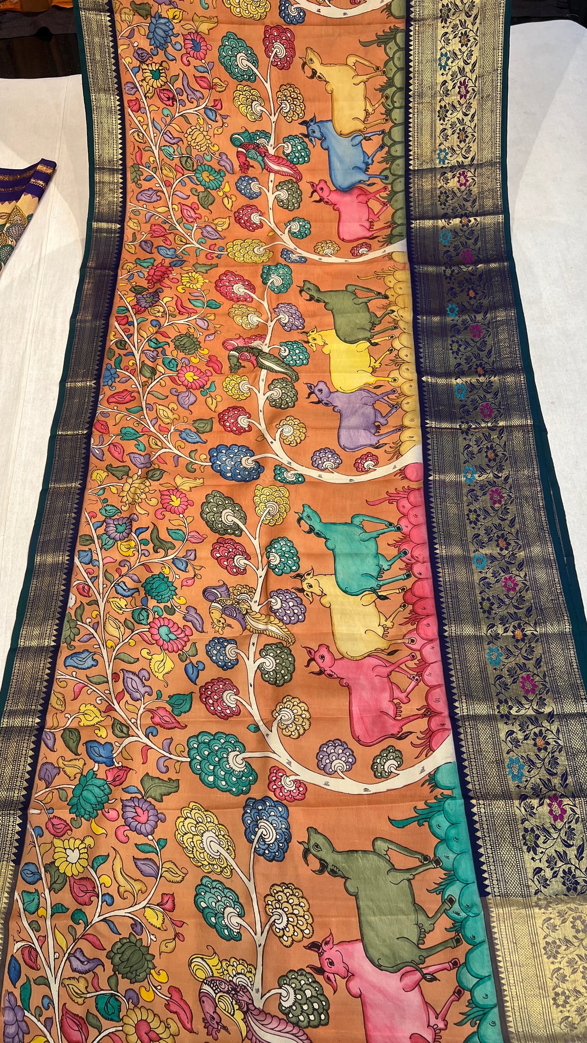 Pen Kalamkari Meenakari Border Kanchi Pattu Saree