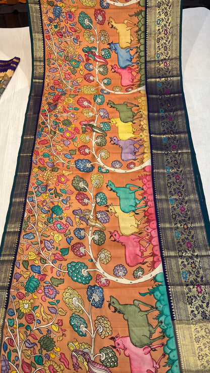 Pen Kalamkari Meenakari Border Kanchi Pattu Saree