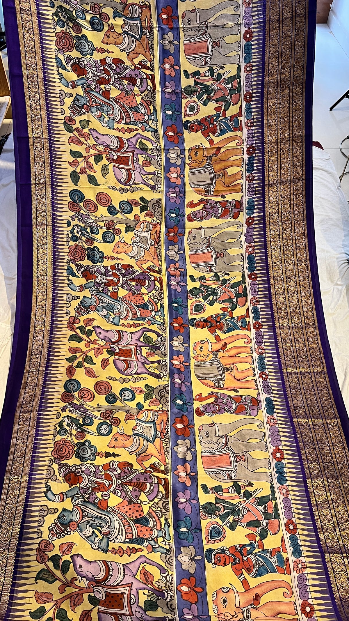 Pen Kalamkari ikkath Pattu Kanchi border Saree