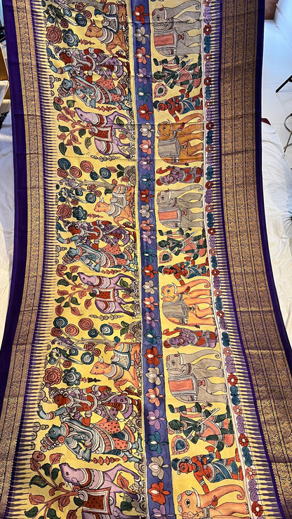Pen Kalamkari ikkath Pattu Kanchi border Saree