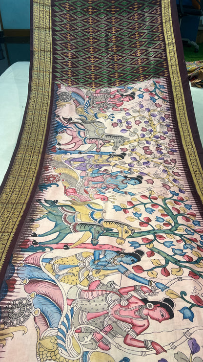 Pen Kalamkari ikkath Pattu Kanchi border Saree