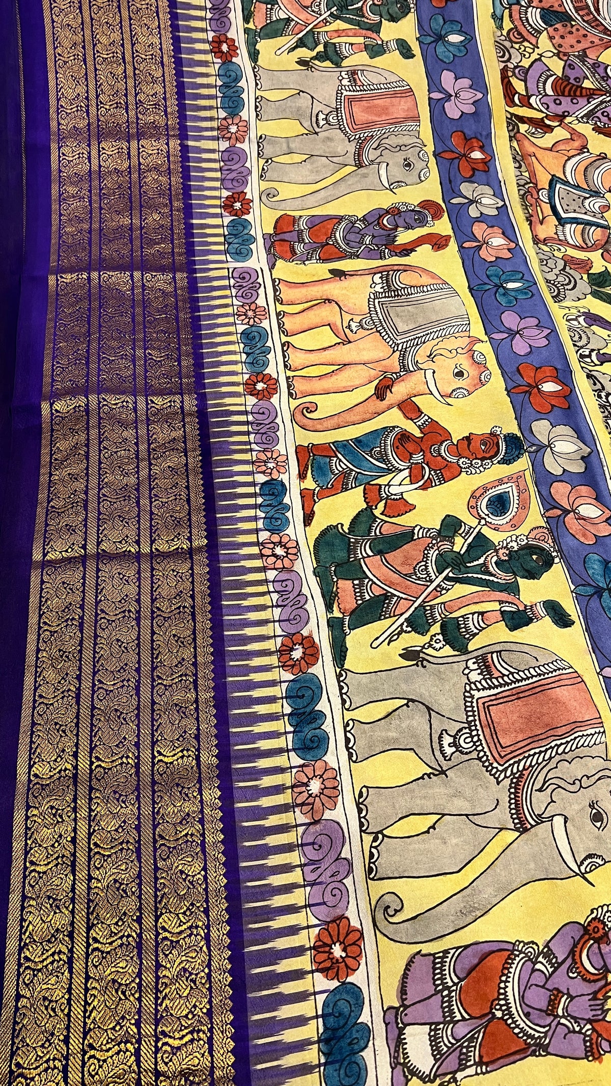 Pen Kalamkari ikkath Pattu Kanchi border Saree