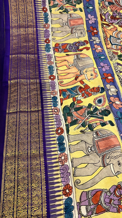 Pen Kalamkari ikkath Pattu Kanchi border Saree