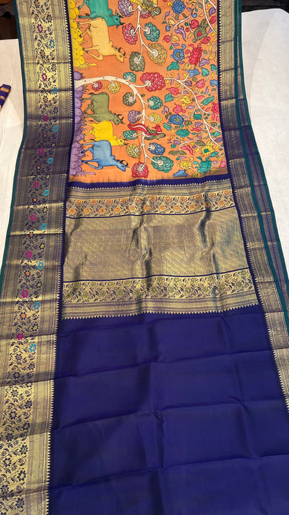 Pen Kalamkari Meenakari Border Kanchi Pattu Saree