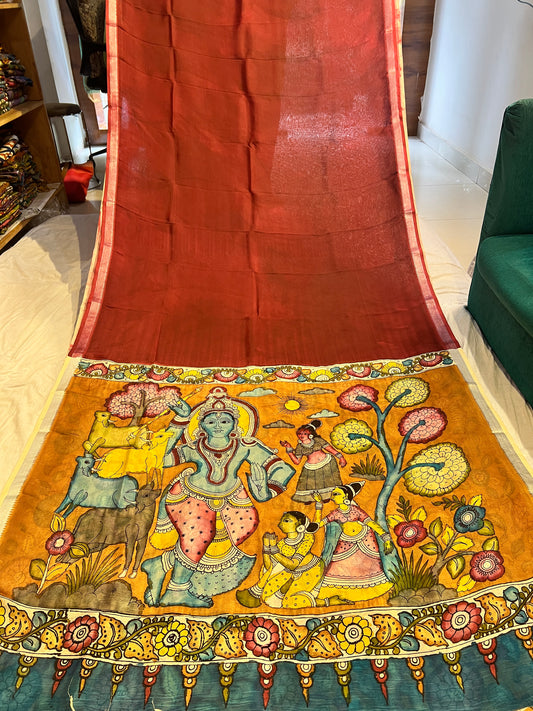 Pen Kalamkari Mangalagiri Silk Saree