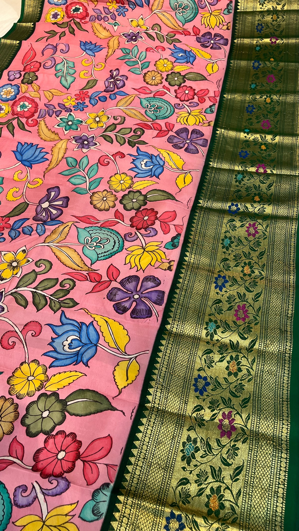 Pen Kalamkari Meenakari Border Kanchi Pattu Saree