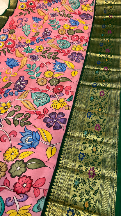 Pen Kalamkari Meenakari Border Kanchi Pattu Saree
