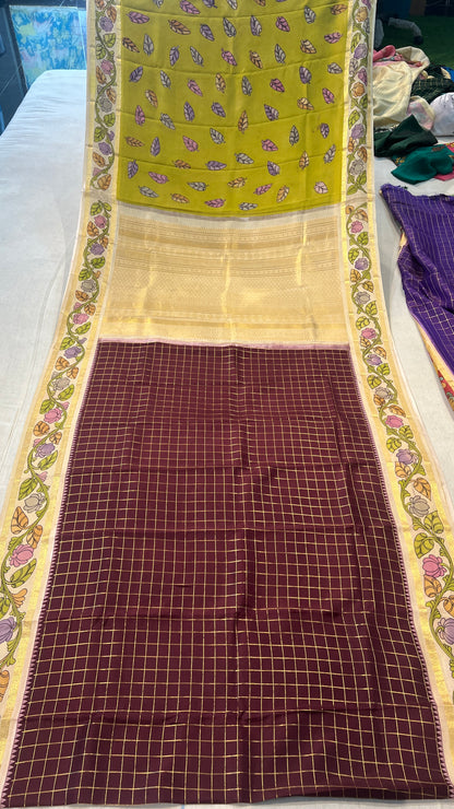 Kanchipattu Checks Saree with Pen Kalamkari Border