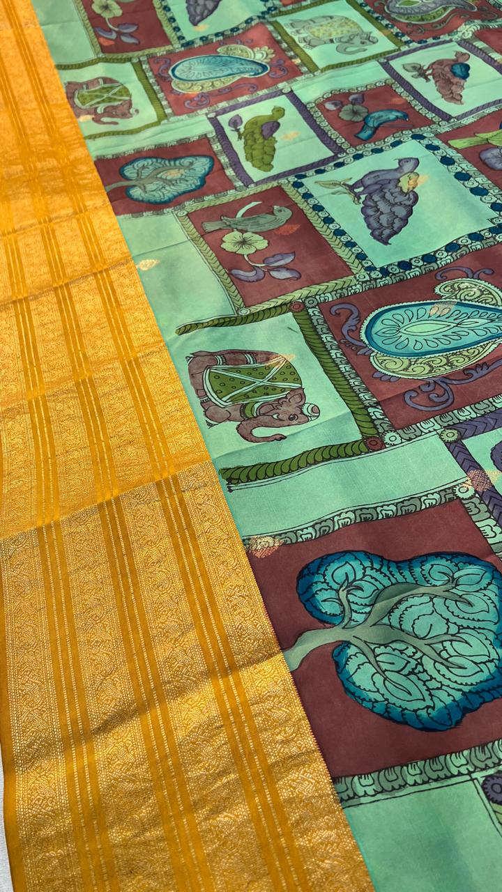 Pen Kalamkari Kanchi Pattu Saree