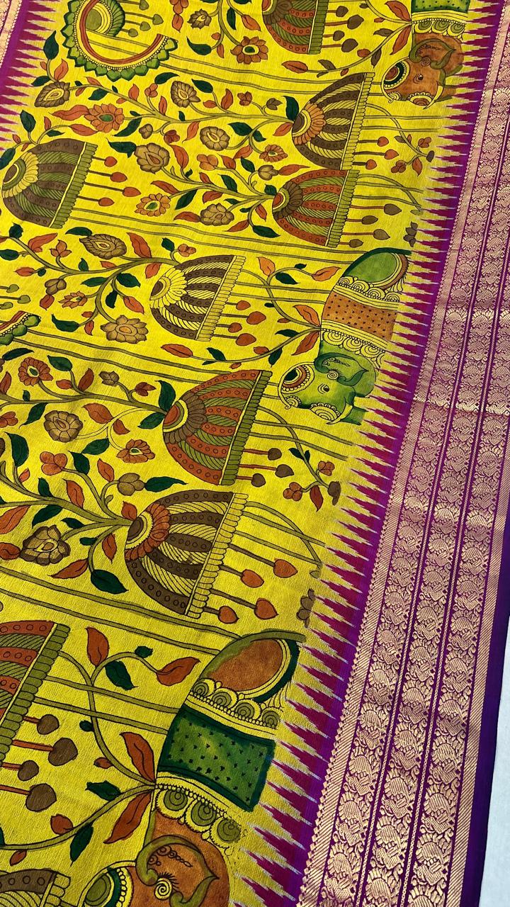 Pen Kalamkari ikkath Pattu Kanchi border Saree