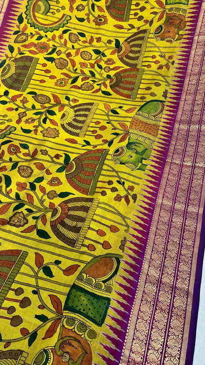 Pen Kalamkari ikkath Pattu Kanchi border Saree