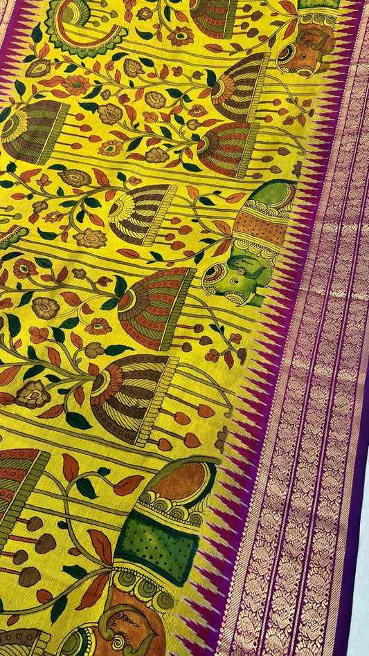 Pen Kalamkari ikkath Pattu Kanchi border Saree