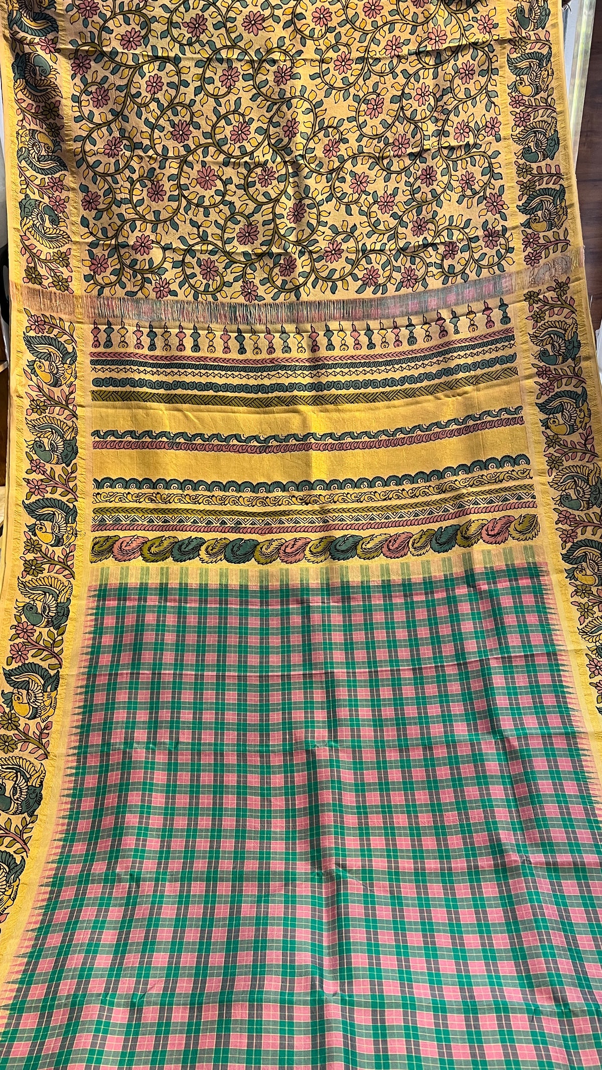 Pen Kalamkari Kattam checks Kanchipattu saree