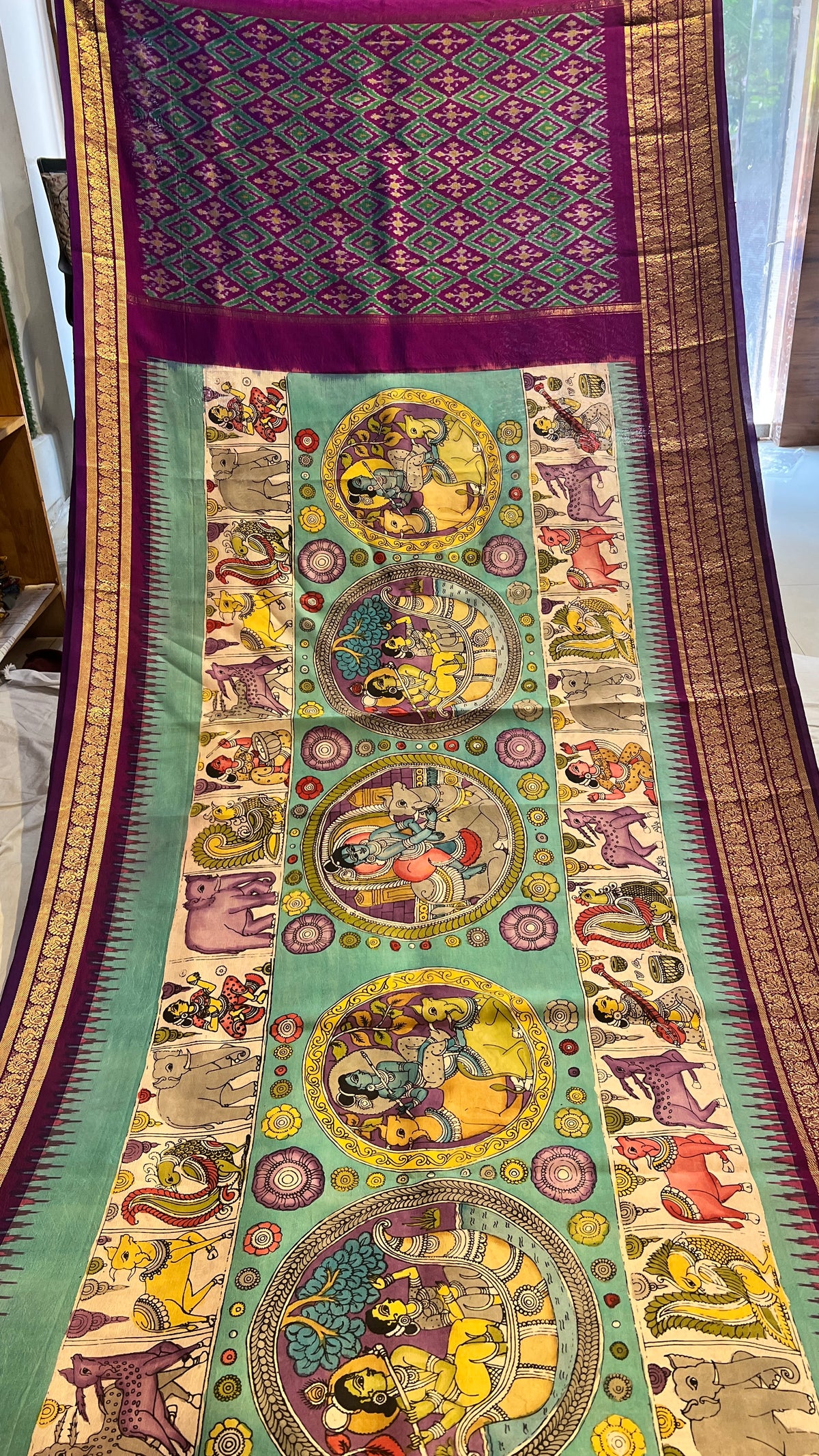 Pen Kalamkari ikkath Pattu Kanchi border Saree
