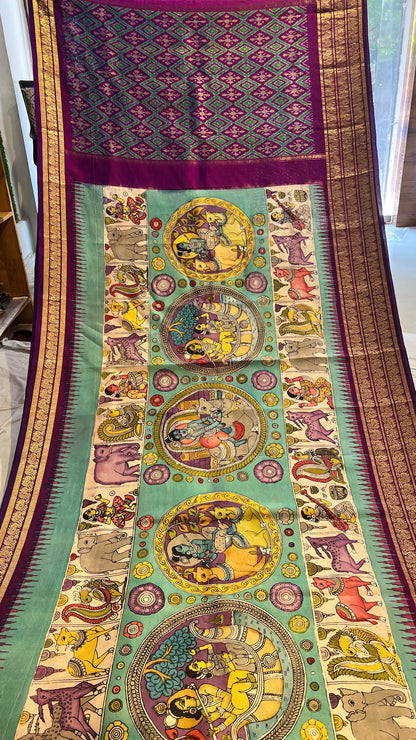 Pen Kalamkari ikkath Pattu Kanchi border Saree