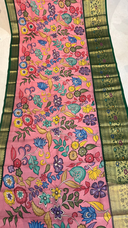 Pen Kalamkari Meenakari Border Kanchi Pattu Saree
