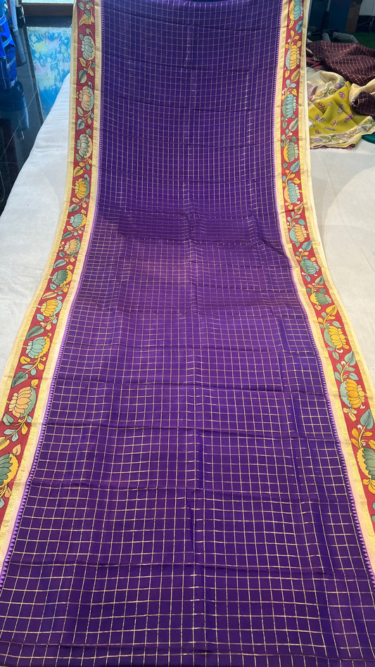 Kanchipattu Checks Saree with Pen Kalamkari Border