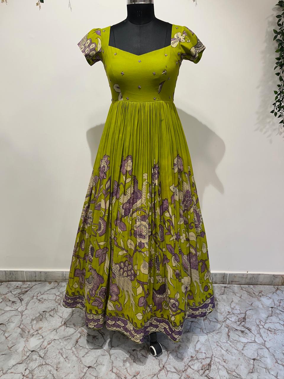 Green color with peacock concept Long frock