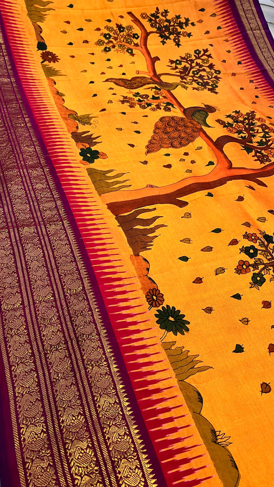 Pen Kalamkari ikkath Pattu Kanchi border Saree
