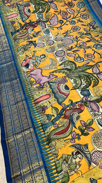 Pen Kalamkari ikkath Pattu Kanchi border Saree