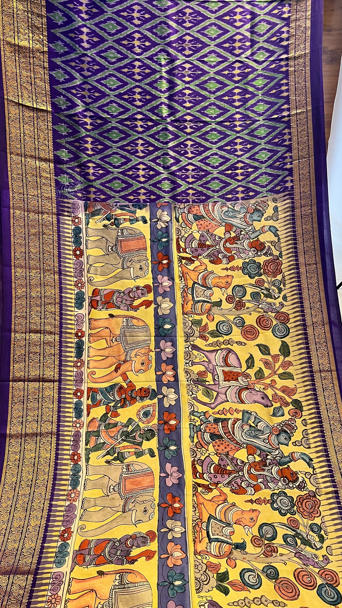 Pen Kalamkari ikkath Pattu Kanchi border Saree