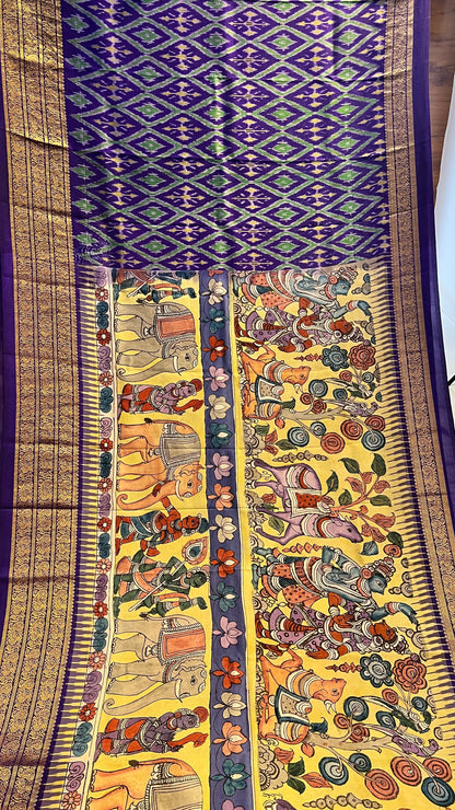Pen Kalamkari ikkath Pattu Kanchi border Saree