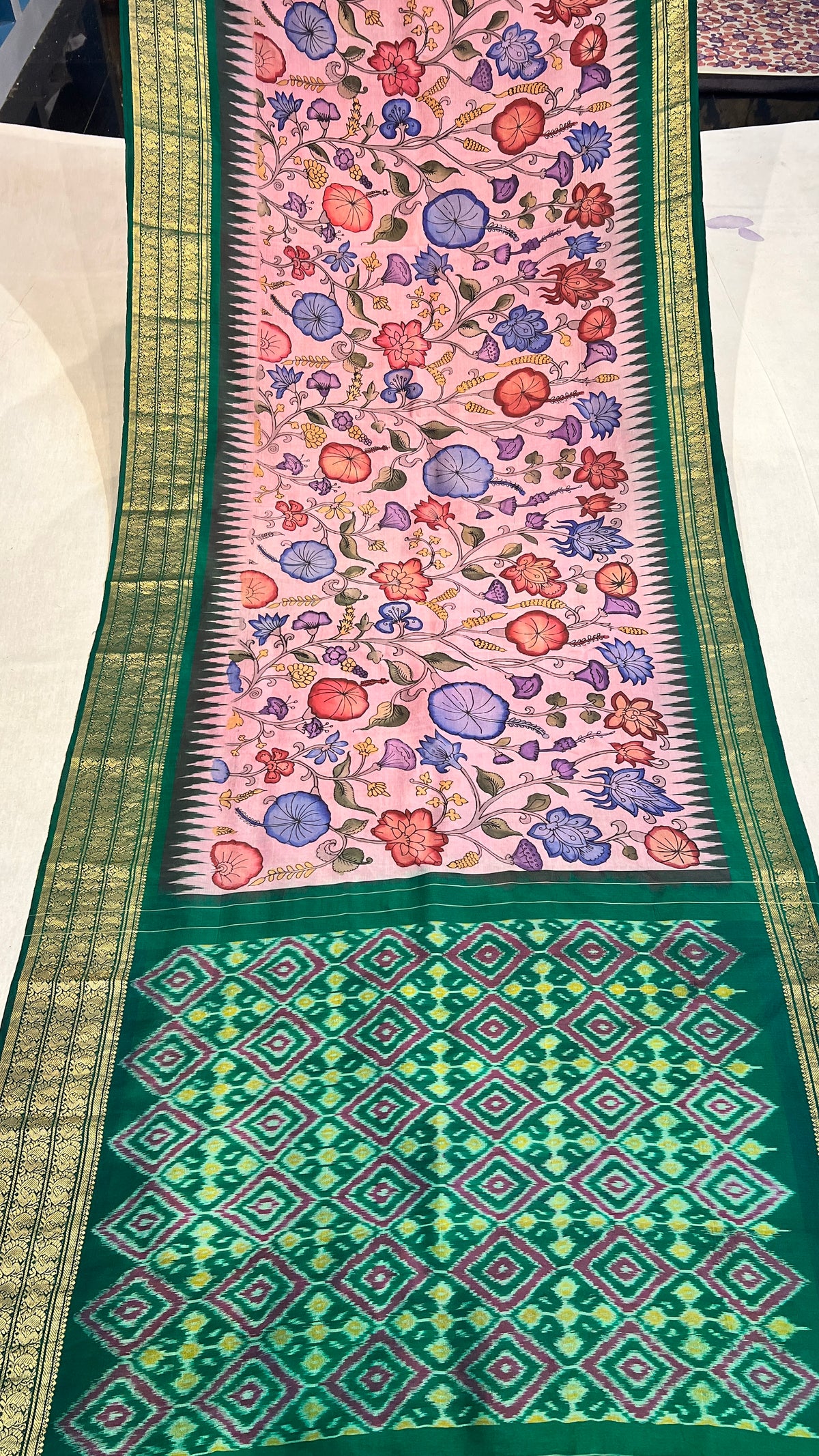Pen Kalamkari Ikkath Pattu Kanchi Border Saree