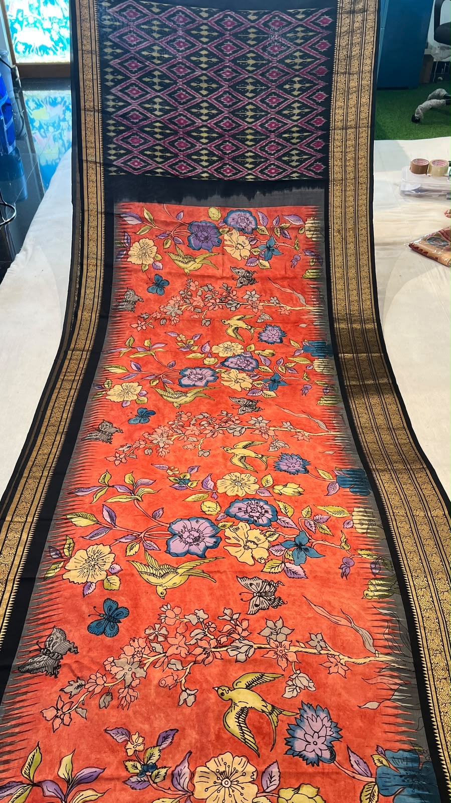 Pen kalamkari ikkath pattu saree